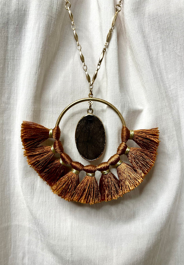 Brown Tassel Circle Necklace with Stone