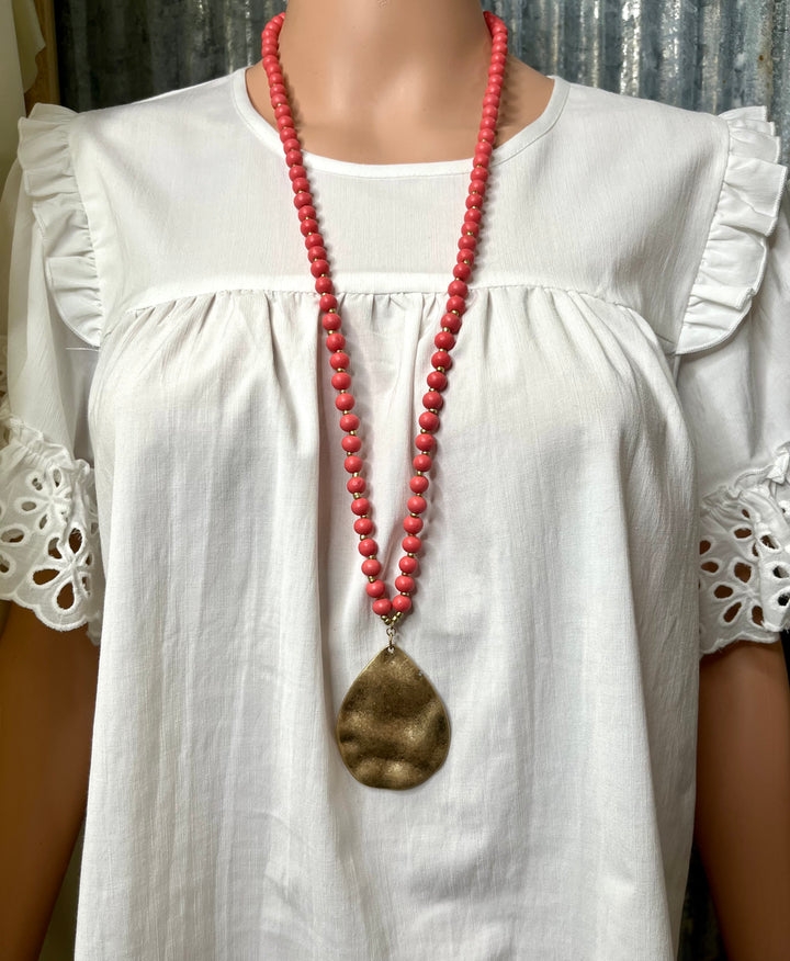 Coral Beaded Necklace with Hammered Teardrop