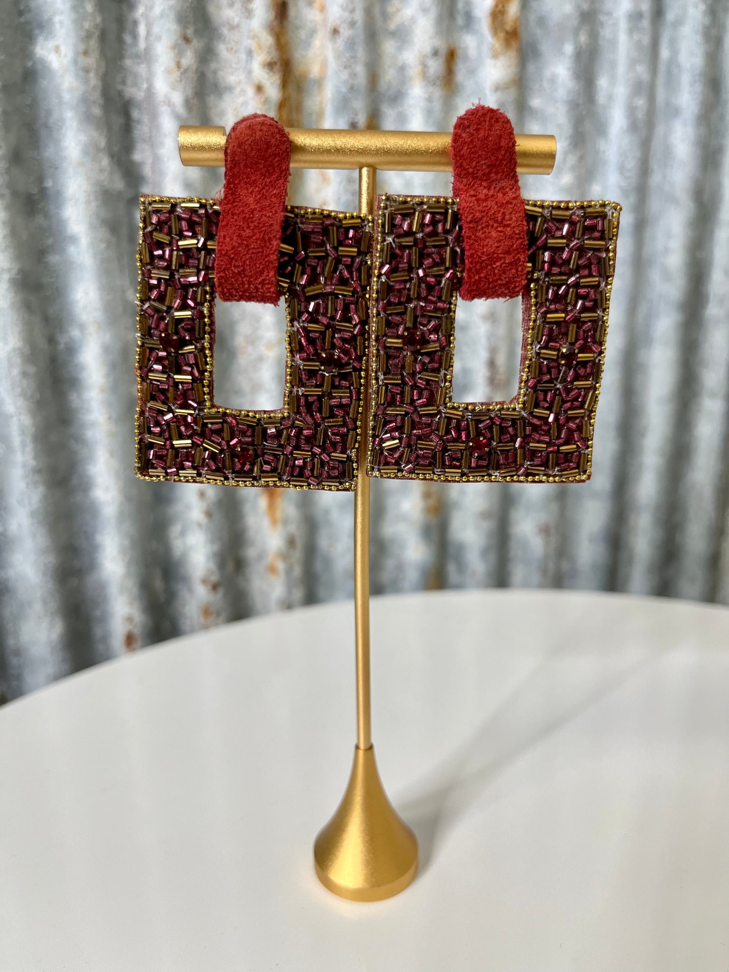 Garnet & Gold Beaded Square Earrings