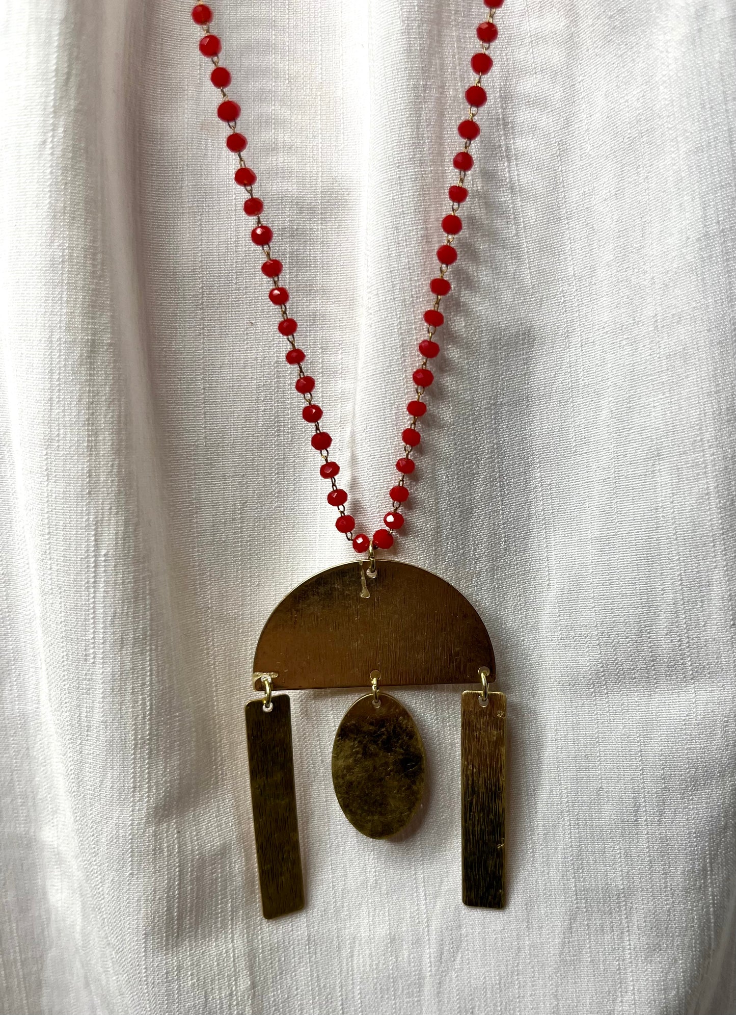 Red Beaded Necklace with Gold Pendant