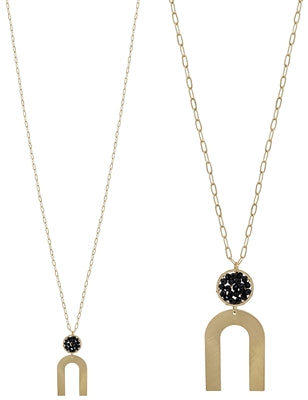 Black Crystal Circle and Gold U Shape Necklace