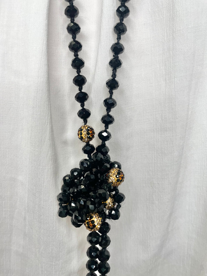 Black Beaded Wrap Necklace with Diamond Cheetah Beads