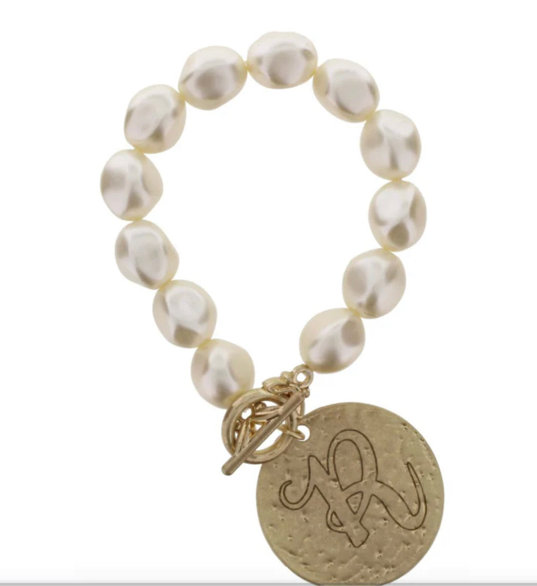 PEARL STRETCH WITH DISK INITIAL BRACELET