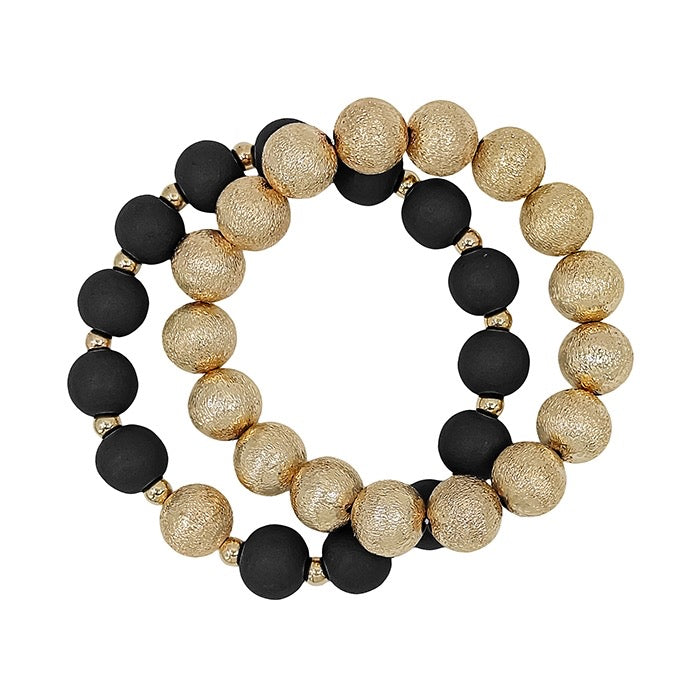 Gold Textured Beaded & Wood Set of 2 Stretch Bracelets