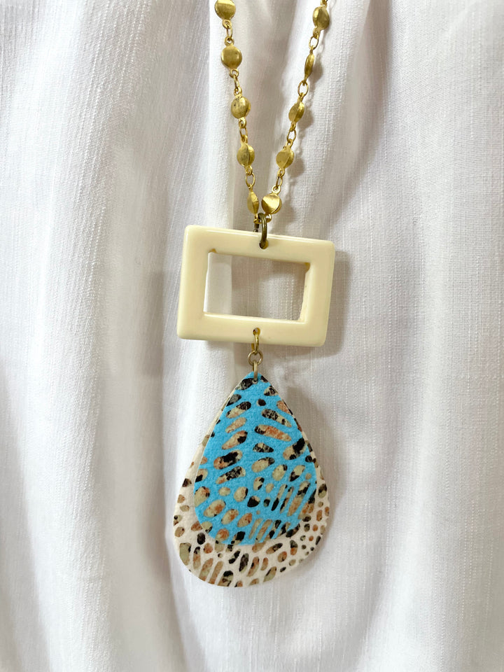 Vintage Blue & Cream Printed Necklace