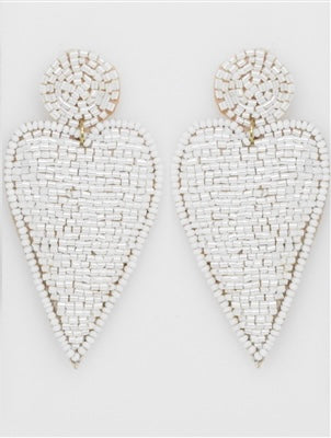 White Seed Bead Heart Earrings