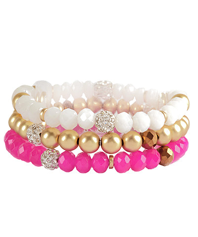 Fuchsia 3 Row Glass Bead & Gold Beaded Bracelets