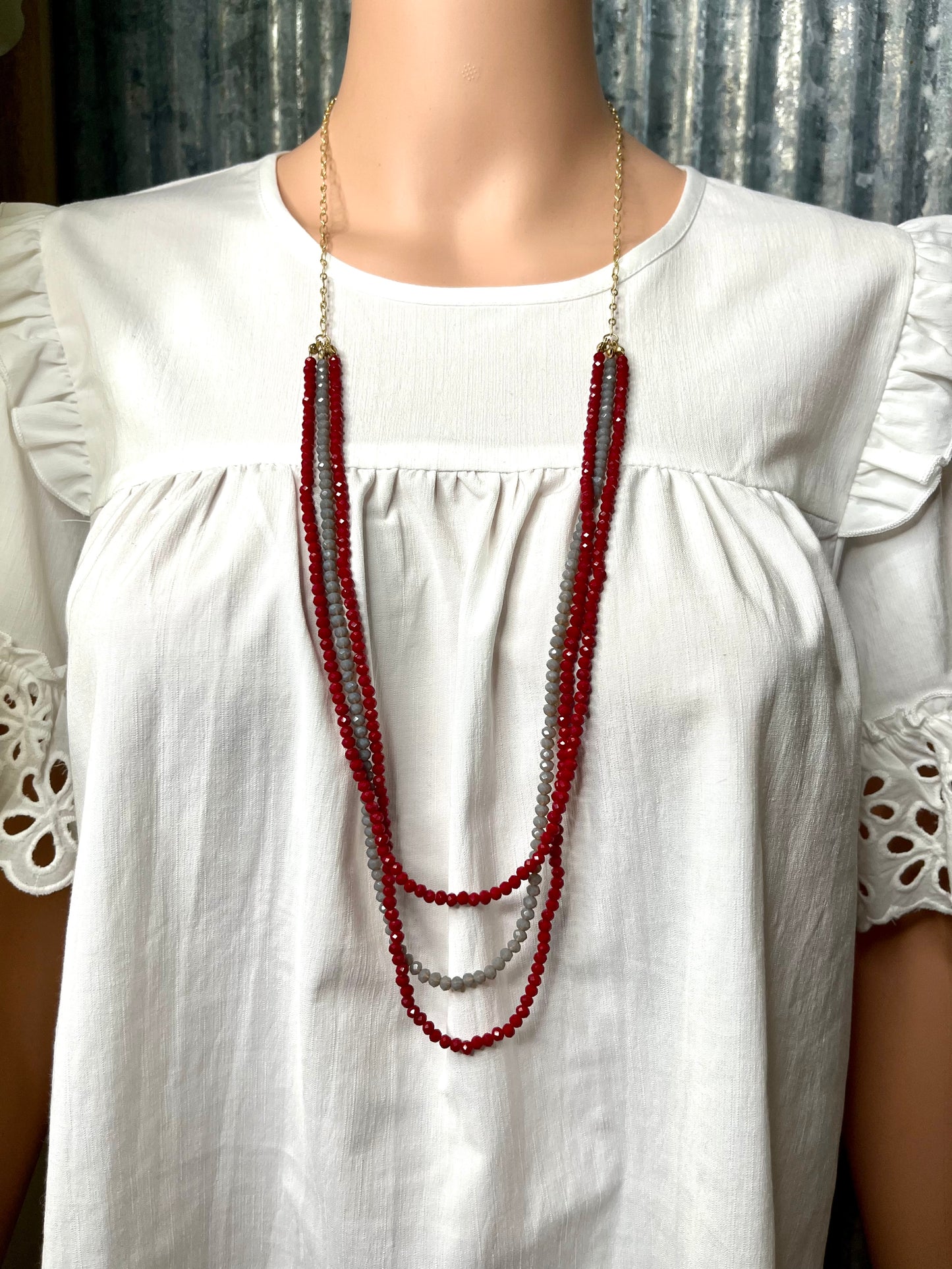 Grey & Dark Red Beaded Layered Necklace