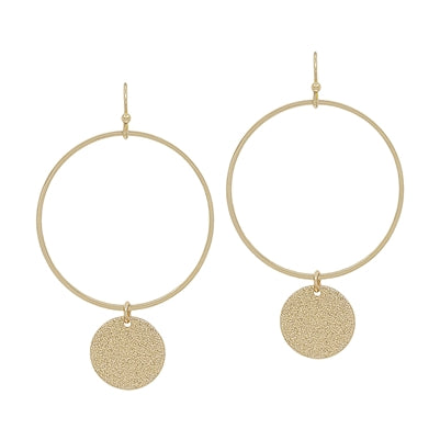 Gold Open Circle with Hammered Charm 2" Earring