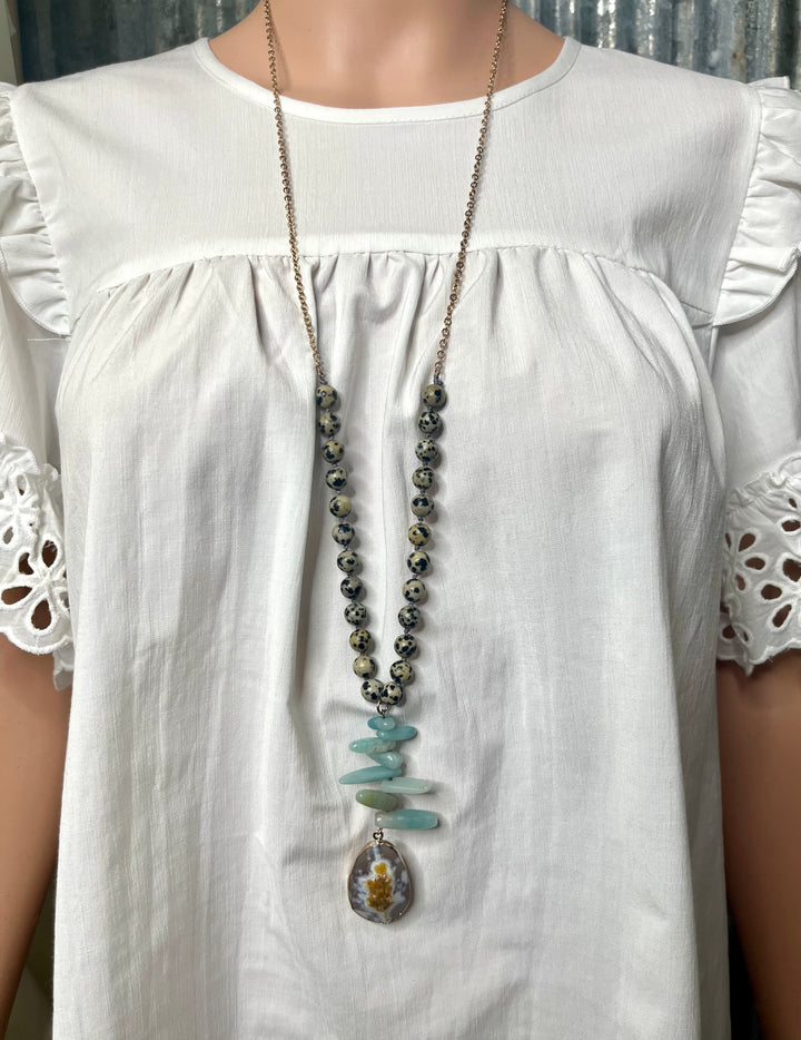 Spotted Bead Necklace with Turquoise & Brown Stone Pendants