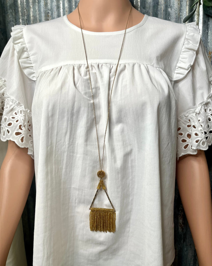Gold Triangle Beaded Tassel Necklace