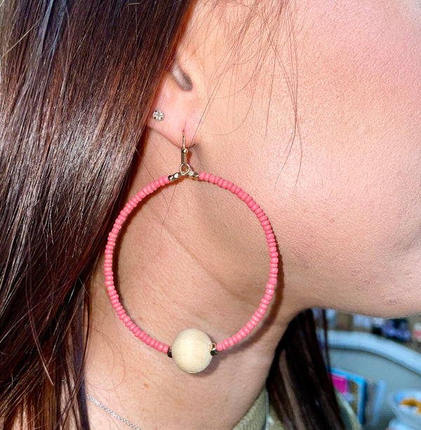 Coral Beaded Hoops with Wooden Balls