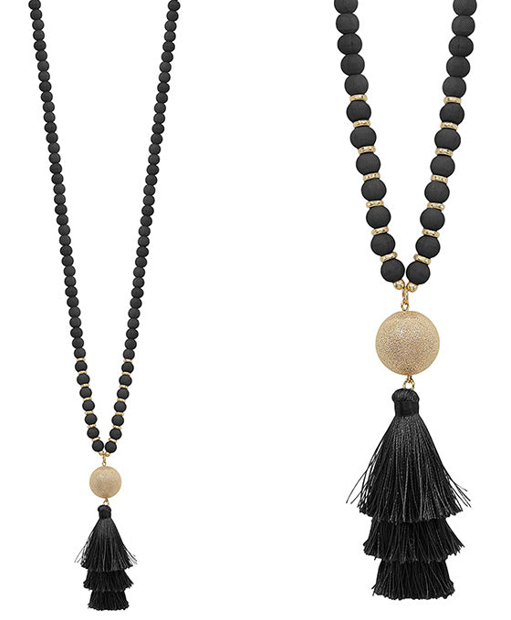 Black Satin Ball & Tassel Pendant Wood Long Necklace