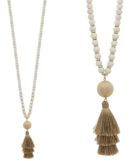 Satin Ball & Tassel Pendant Wood Long Necklace