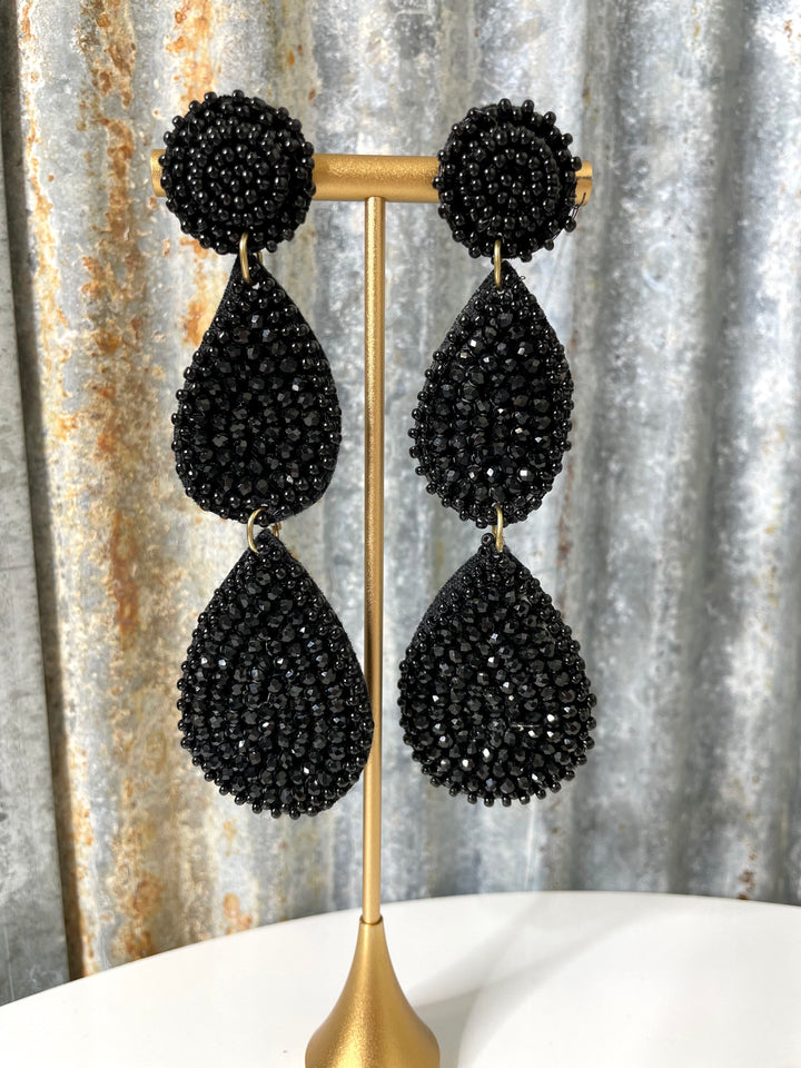 Black Beaded Teardrop Layered Earrings