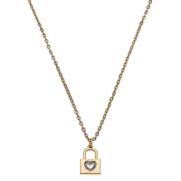 Joelle Pavé Heart Padlock Necklace in Worn Gold