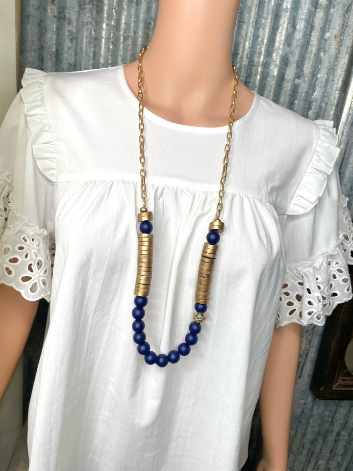 Blue Wood Beaded Necklace