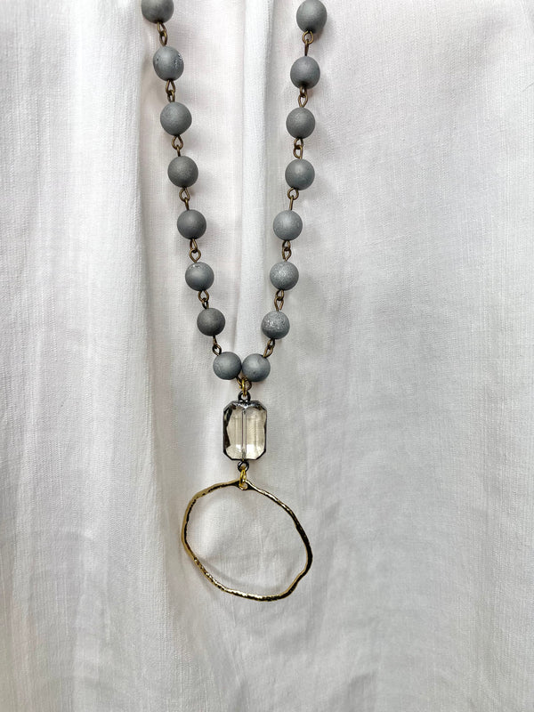 Grey Beaded Necklace with Gold Hammered Pendant