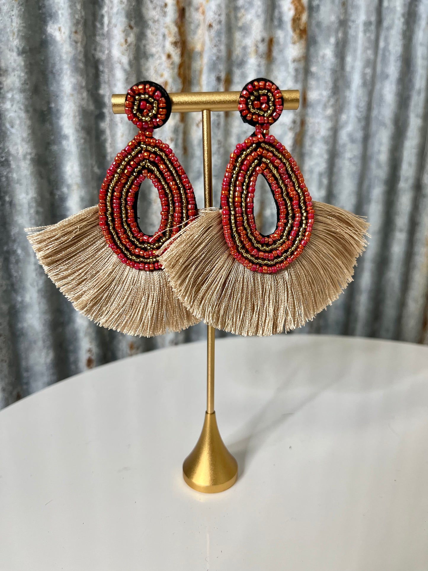 Sunset Beaded Post & Teardrop with Beige Tassel Fan Earring