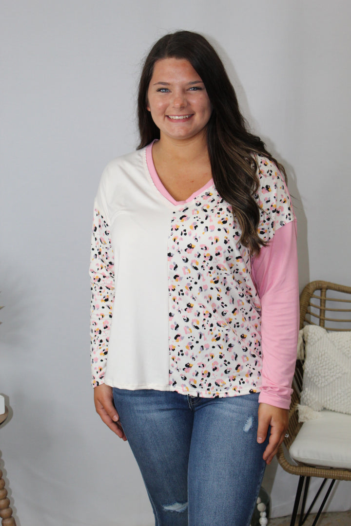 Cream/Pink Color Block Leopard Top