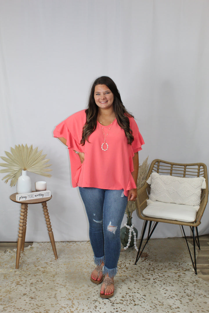 Coral ruffle sleeve top