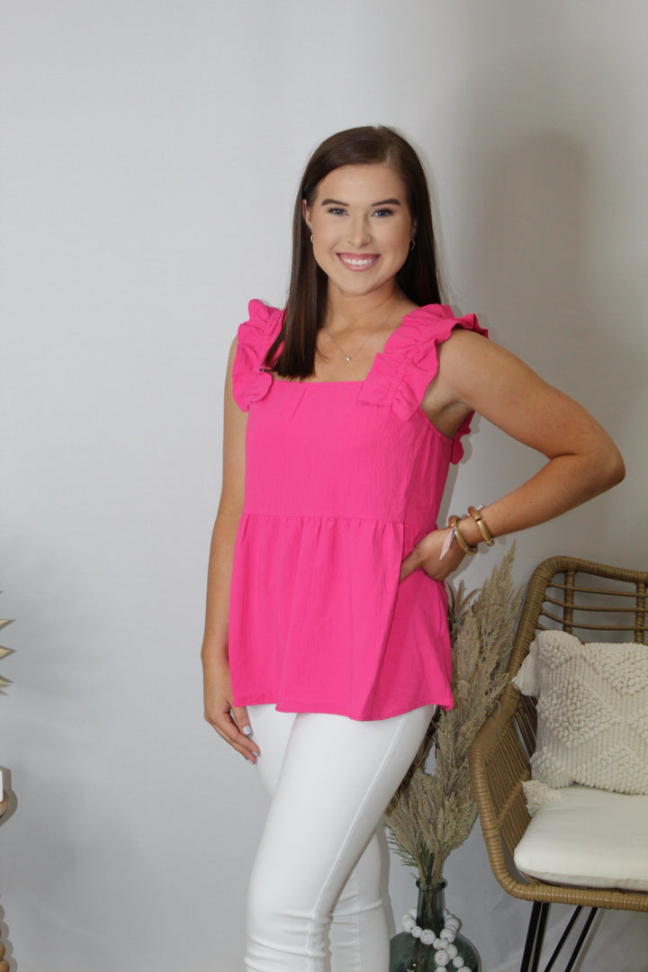 Hot pink ruffle tank top