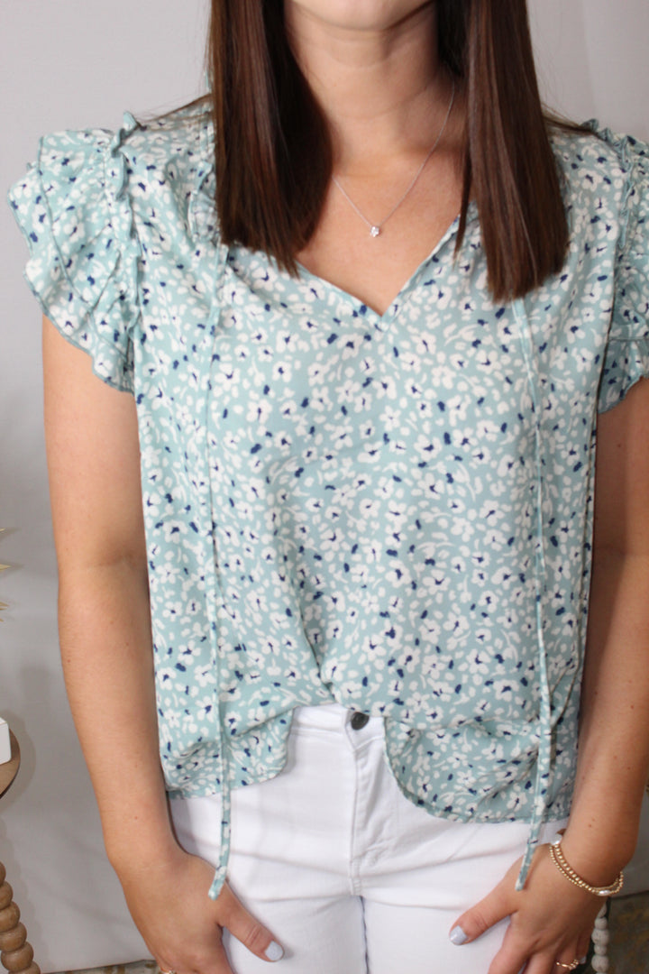 Sage Floral Print Ruffle Blouse