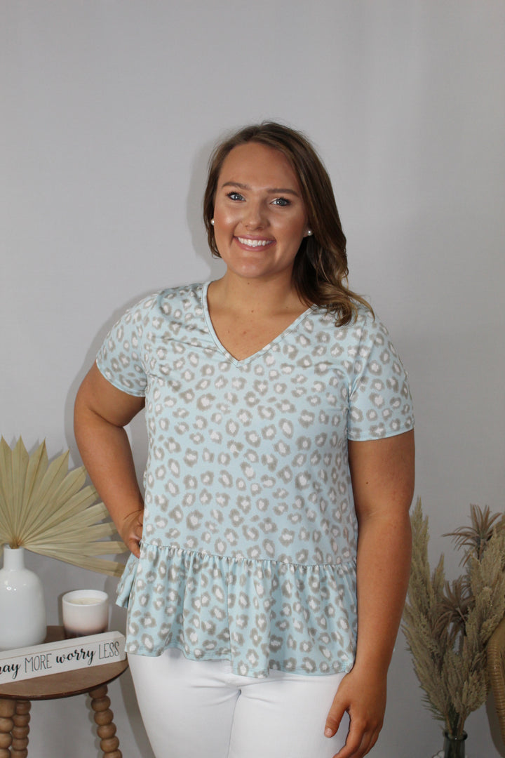 Light Blue Cheetah Ruffle Top