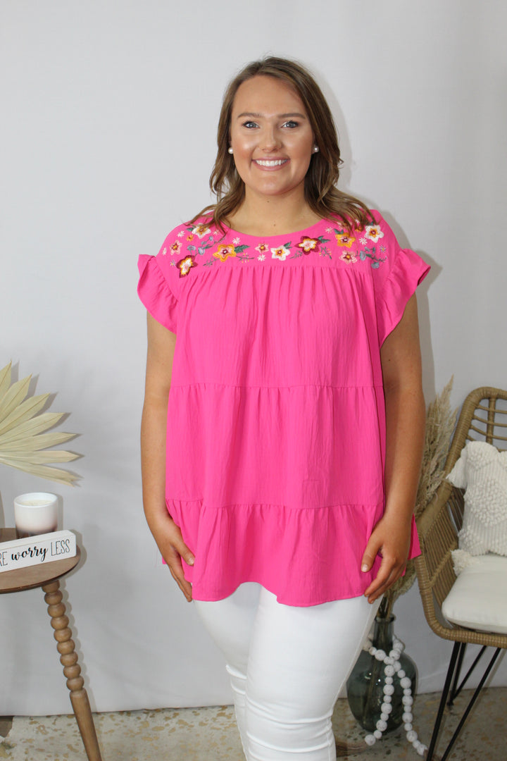 Fuchsia Ruffled Flower Embroidered Top