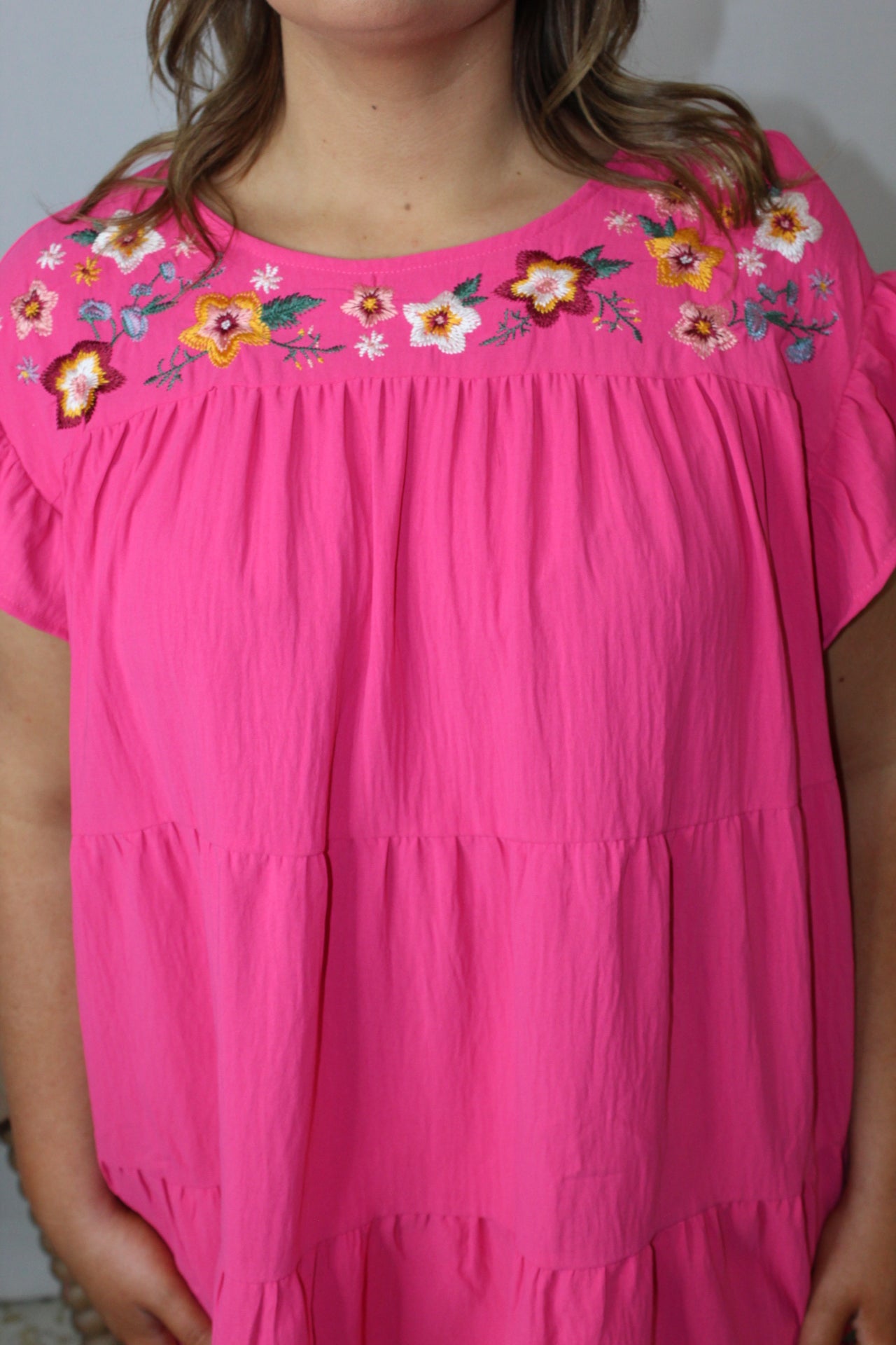 Fuchsia Ruffled Flower Embroidered Top