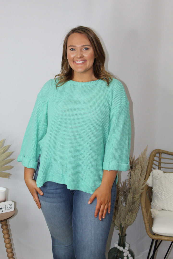 Emerald waffle 3/4 sleeve top