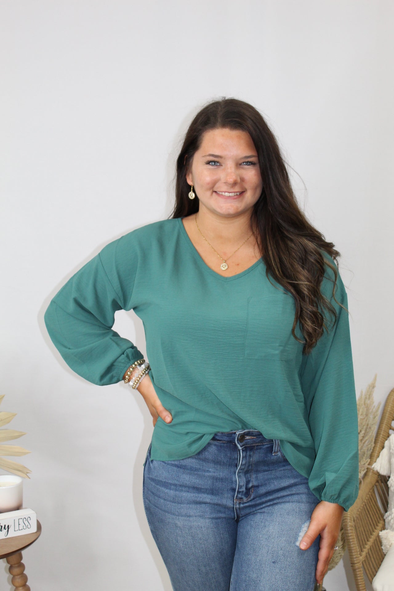 Dark Jade V Neck Long Sleeve