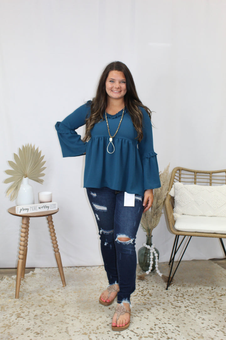 Teal Ruffle collar top