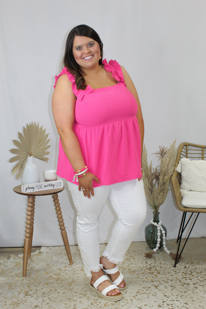 Plus hot pink ruffle sleeve tank top