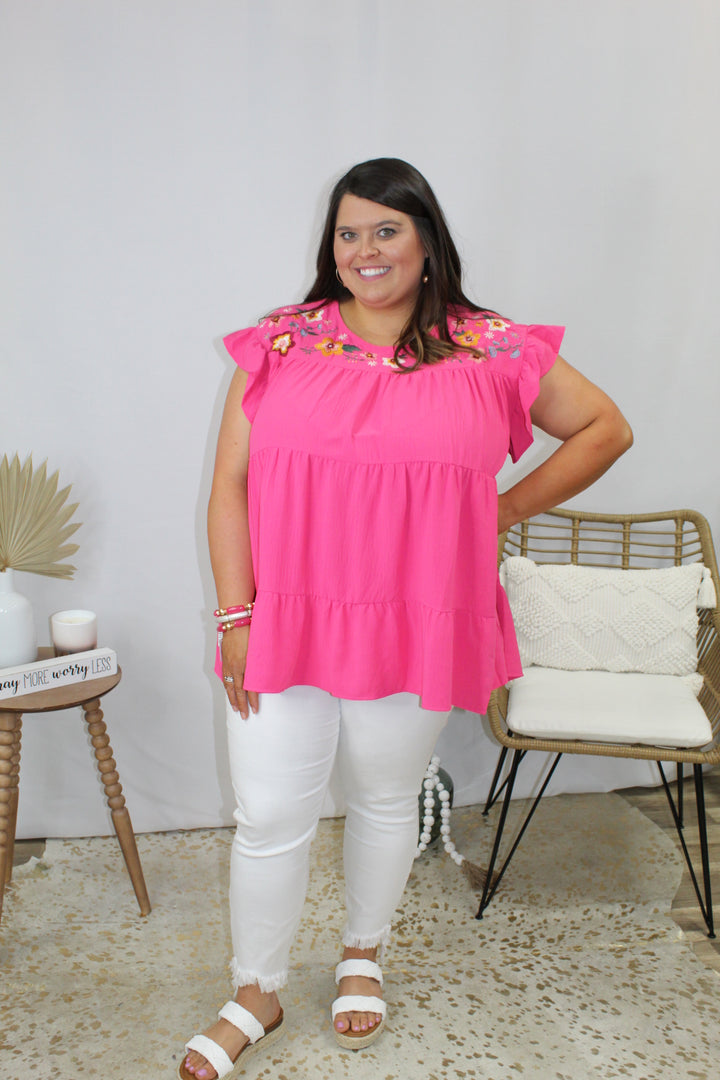 Plus Fuchsia Ruffle Floral Embroidered Top