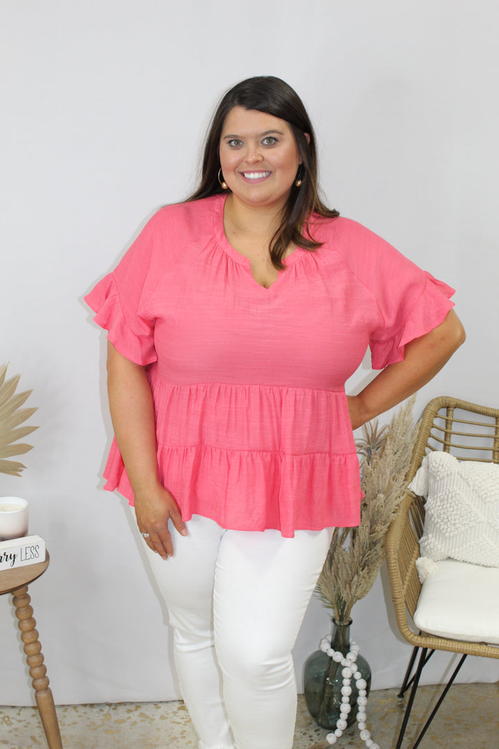 Strawberry Split Neck Tiered Top