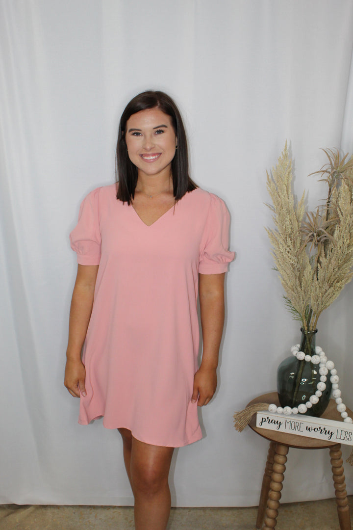 Blush Puff Sleeve Pocket Dress