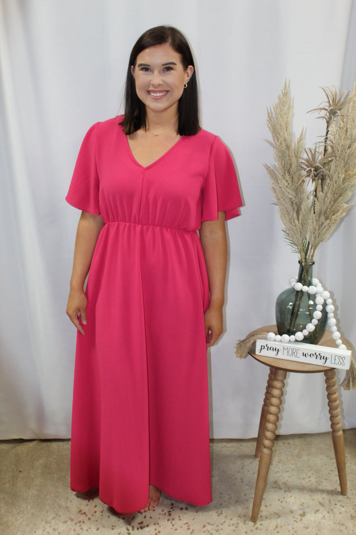 Fuchsia Flutter Sleeve Maxi Dress