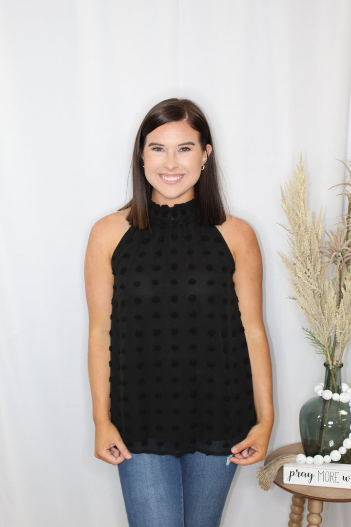 Black Halter Neck Swiss Dot Top