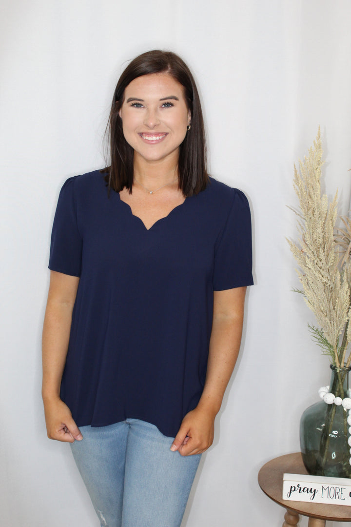 Navy Scalloped Neck Top