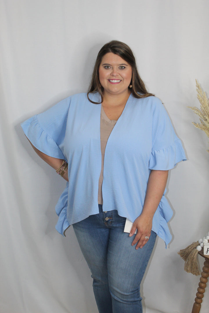 Plus Sky Blue Ruffle Sleeve Kimono