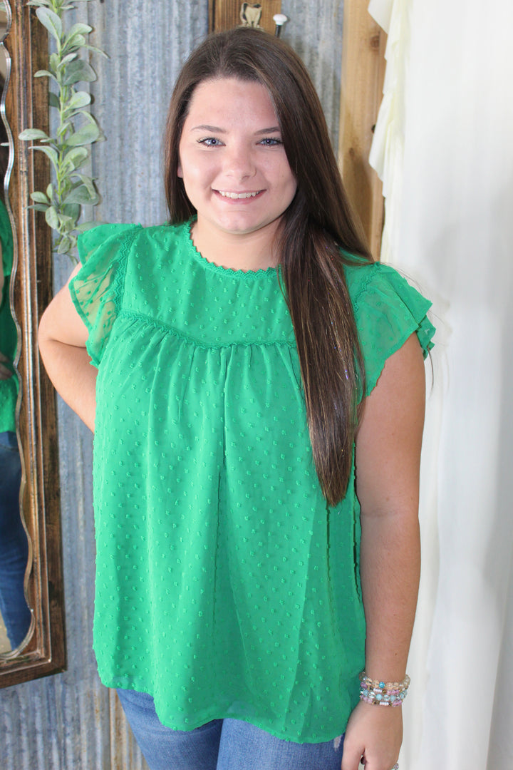 Kelly Green Swiss Dot Ruffle Top