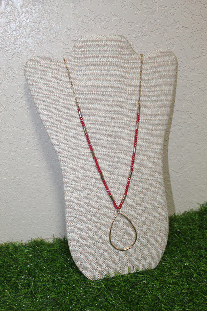 Red Beaded necklace with gold teardrop