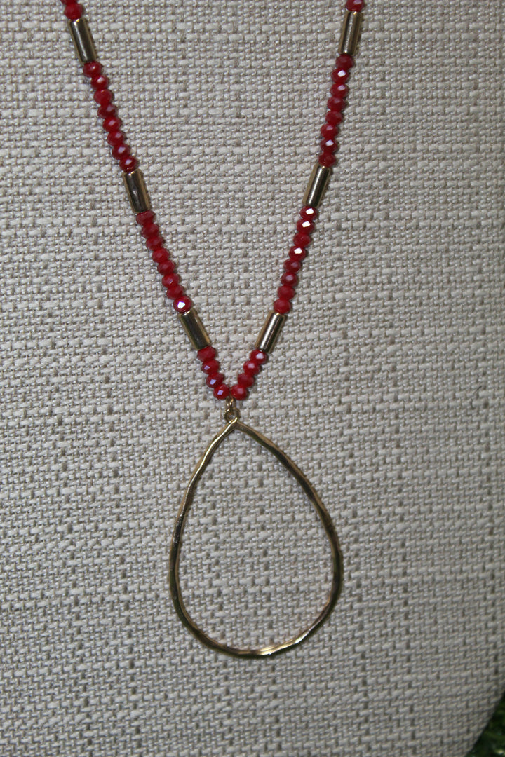 Red Beaded necklace with gold teardrop