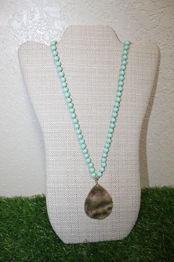 Wooden Bead Hammered Pendant Necklace