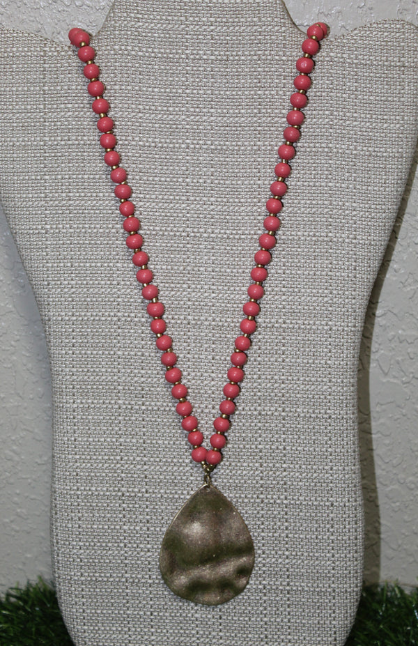 Wooden Bead Hammered Pendant Necklace