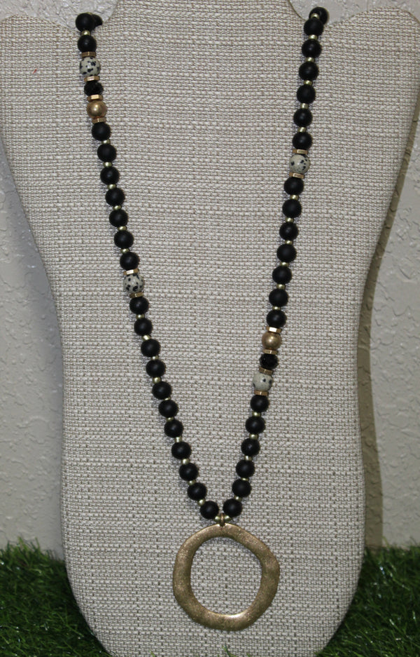 Wooden Beaded Necklace with Gold Pendant