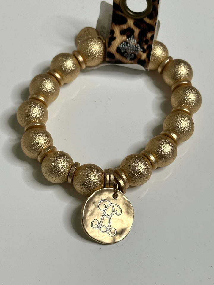 Gold Beaded Ball Engraved Initial Bracelets