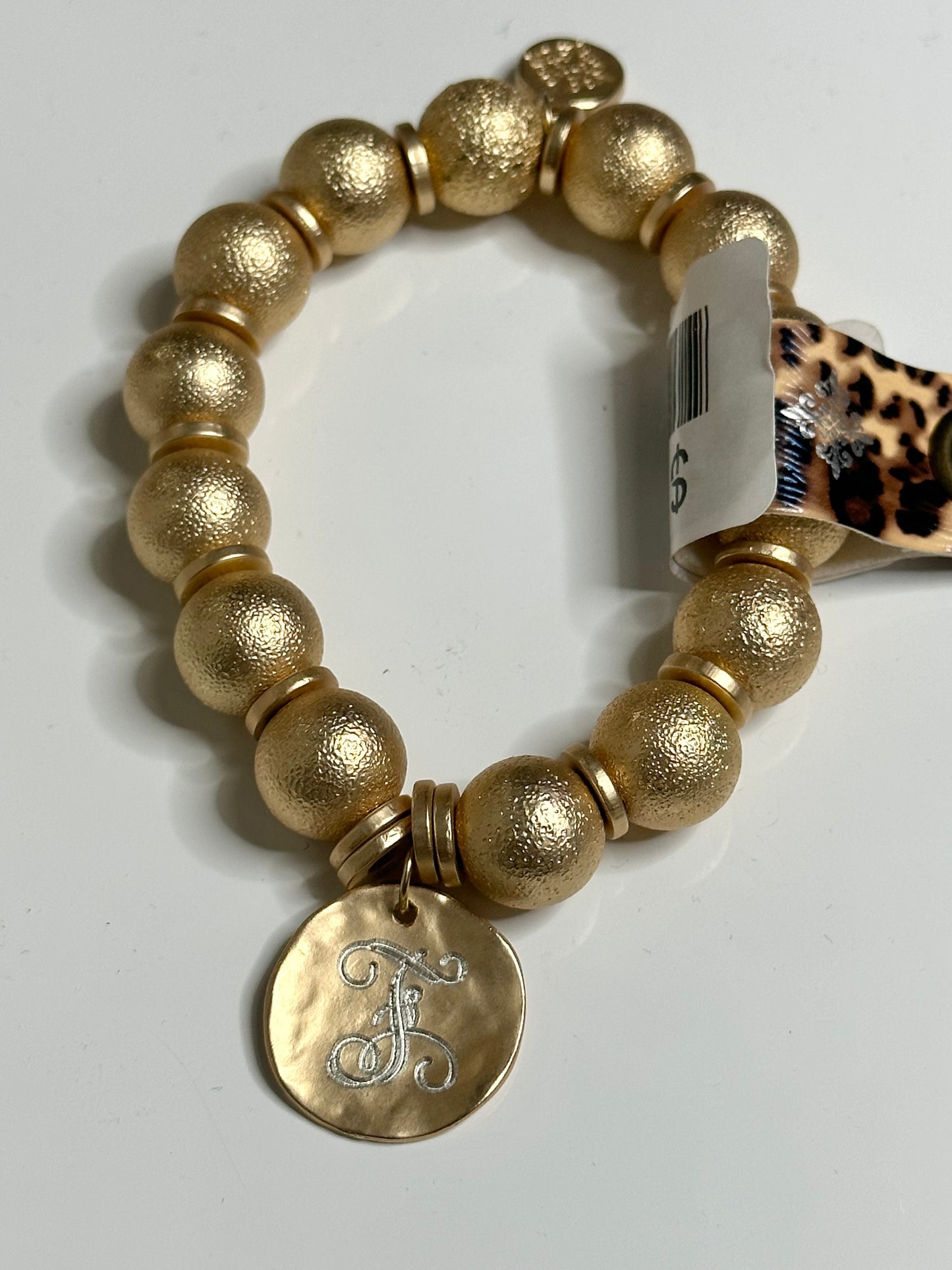 Gold Beaded Ball Engraved Initial Bracelets