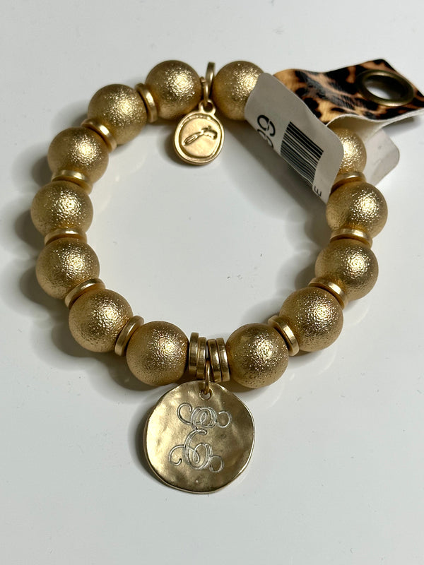 Gold Beaded Ball Engraved Initial Bracelets